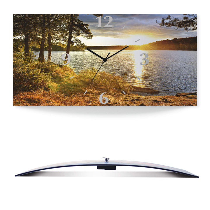 ARTLAND Wanduhr ohne Tickgeräusche Alu Funkuhr 50x25 cm Rechteckig Lautlos See Landschaft Wald Sonne