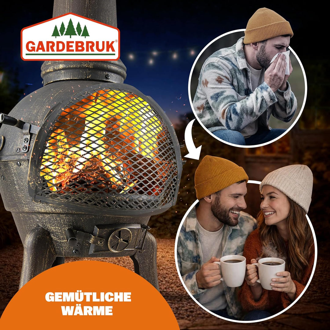GARDEBRUK® Terrassenofen Gusseisen 28kg Funkenschutz Abdeckung Schürhaken 112cm Gross Feuerstelle Fe