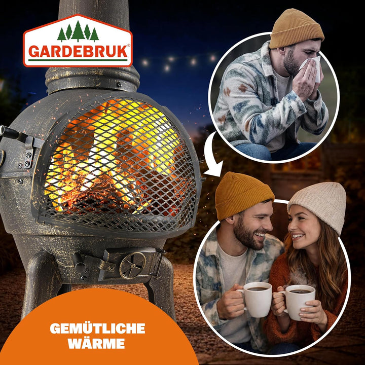 GARDEBRUK® Terrassenofen Gusseisen 28kg Funkenschutz Abdeckung Schürhaken 112cm Gross Feuerstelle Fe