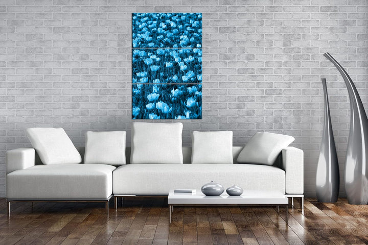 buntes Blumenfeld Effekt: Zeichnung Format: 3-teilig 120x80, Motiv fertig gerahmt auf Echtholzrahmen
