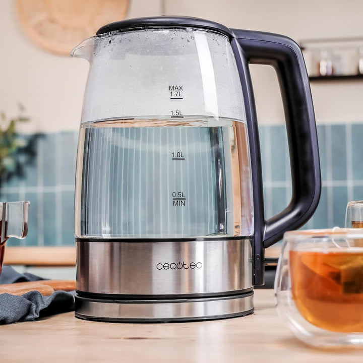 Cecotec Elektrischer Wasserkocher 1,7 L ThermoSense 340 Clear. 2200W, Borosilikatglas-Gehäuse, Leuch