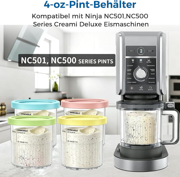 4 Stück Behälter für Ninja Creami Deluxe + Silikon-Dessertbecher, Ersatz Pints mit Deckel für NC500