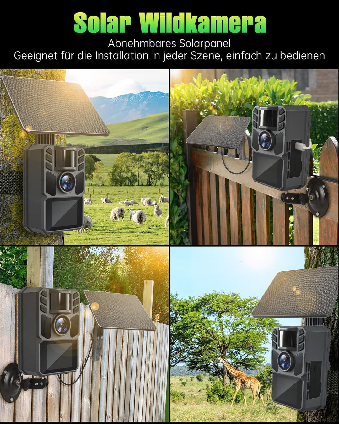 4K 64MP Wildkamera Solar, Eingebaute 5000mAh Lithium-Batterie, 0.2s Auslöser Bewegungsaktiviert, Wil