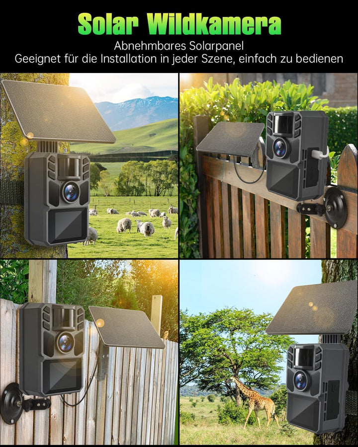 4K 64MP Wildkamera Solar, Eingebaute 5000mAh Lithium-Batterie, 0.2s Auslöser Bewegungsaktiviert, Wil