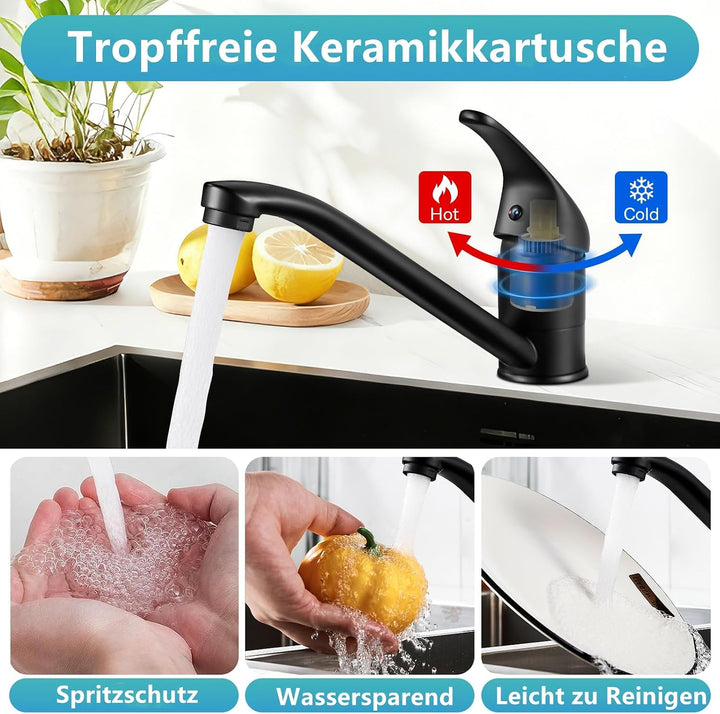 Wasserhahn Küche Schwarz, Küchenarmatur 360° Schwenkbar, Einhebel Mischbatterie Küche, Spültischarma