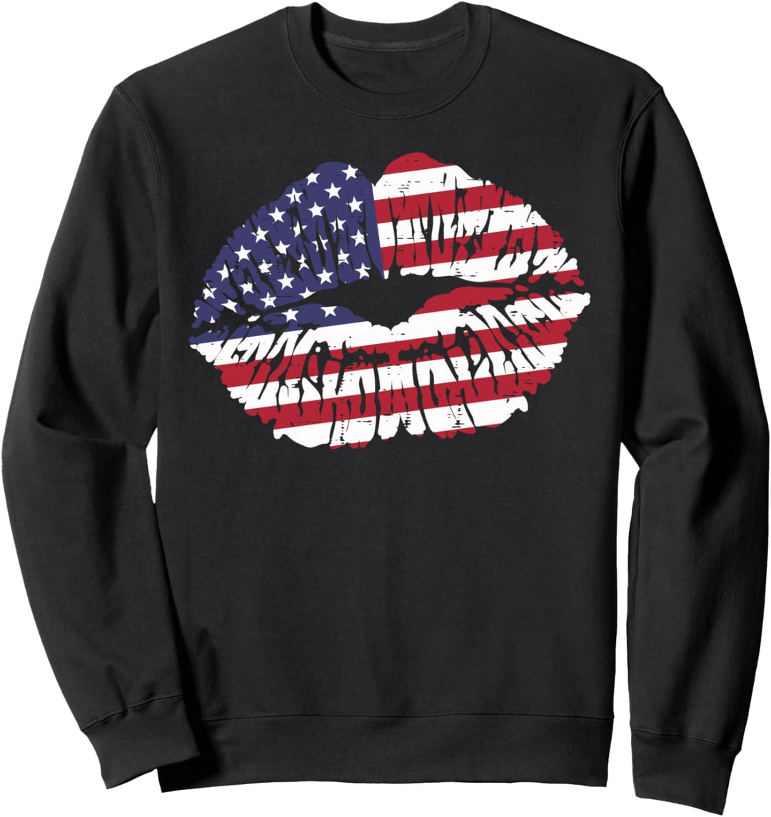 Lips Kiss US American Flag Fourth 4th Of July Women Girls Sweatshirt