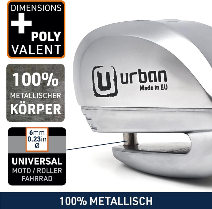 URBAN SECURITY UR22 Diebstahlsicherung Bremsscheibenschloss Motorrad mit Alarm 120 dB Warnung, ø 6 m