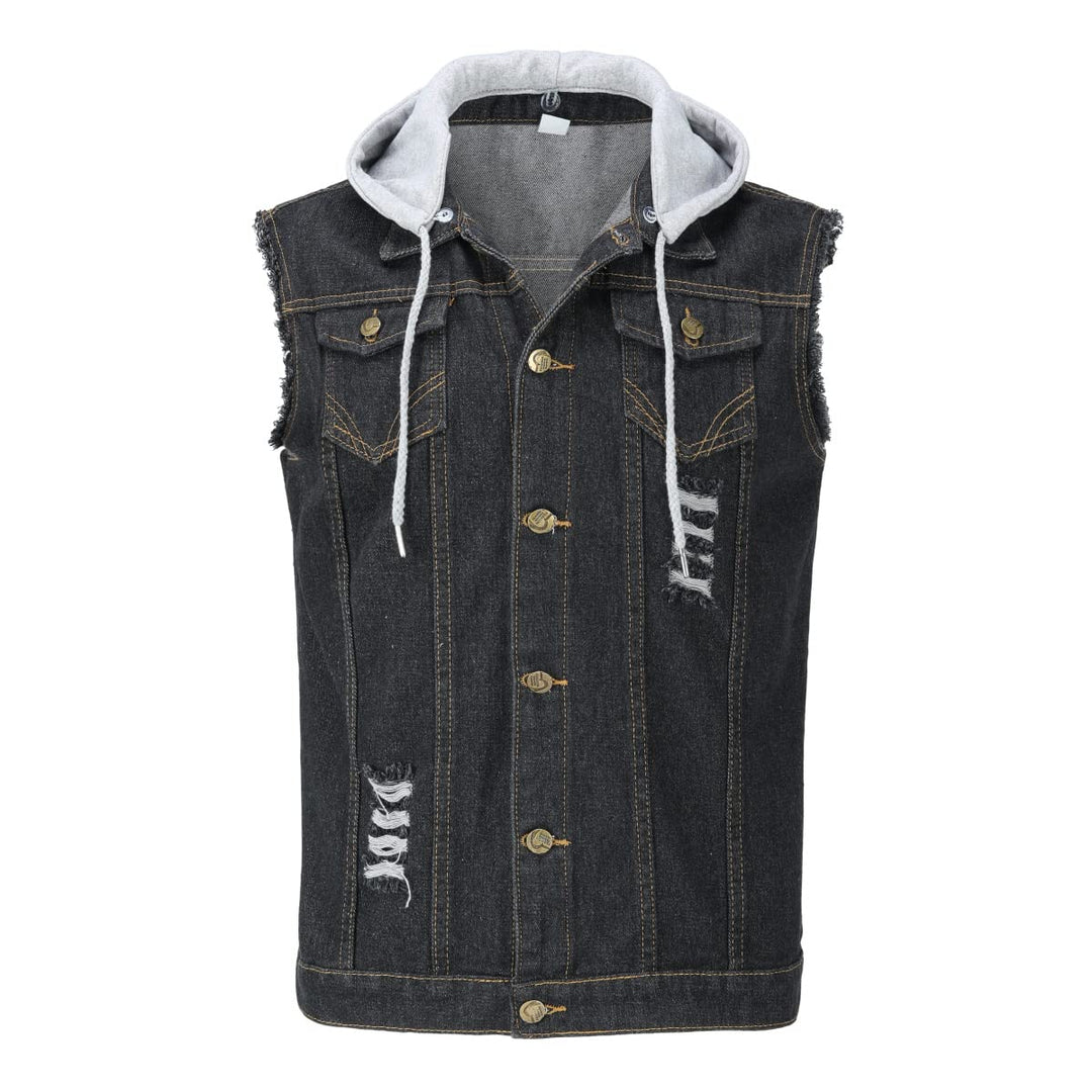 YOUTHUP Weste Herren Denim Weste mit Kappe Regular Fit Zerrissen Jeansweste Ärmellose Freizeitweste