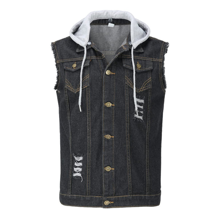 YOUTHUP Weste Herren Denim Weste mit Kappe Regular Fit Zerrissen Jeansweste Ärmellose Freizeitweste