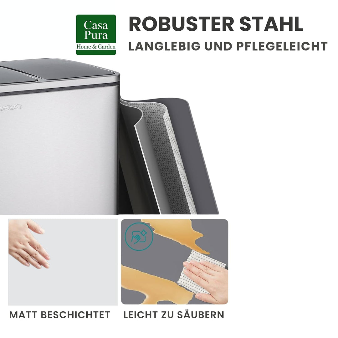 casa pura Mülleimer Küche 2×15L Edelstahl | 2-Fach Mülltrennsystem, Treteimer Küche, Metall, Soft-Cl