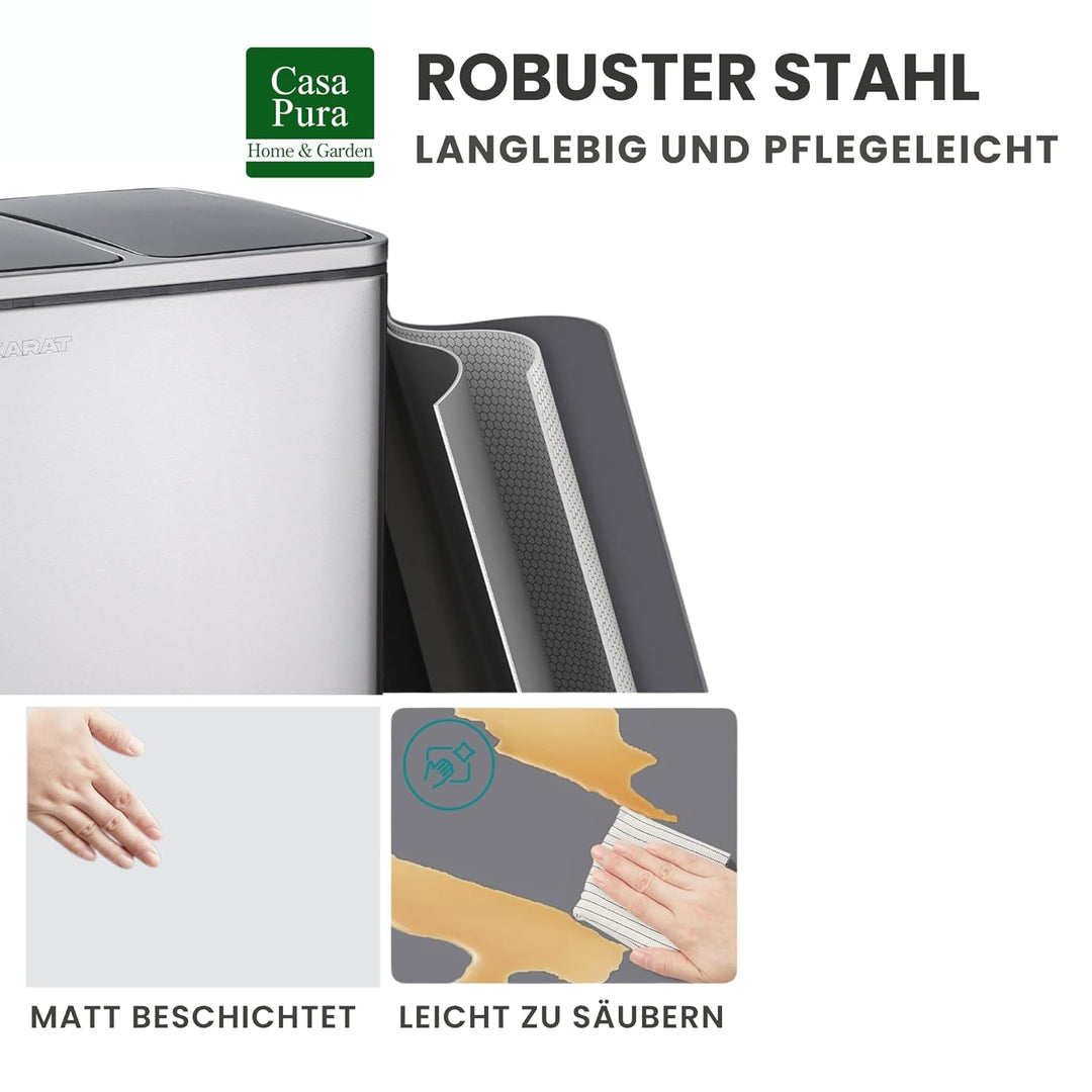 casa pura Mülleimer Küche 2×15L Edelstahl | 2-Fach Mülltrennsystem, Treteimer Küche, Metall, Soft-Cl