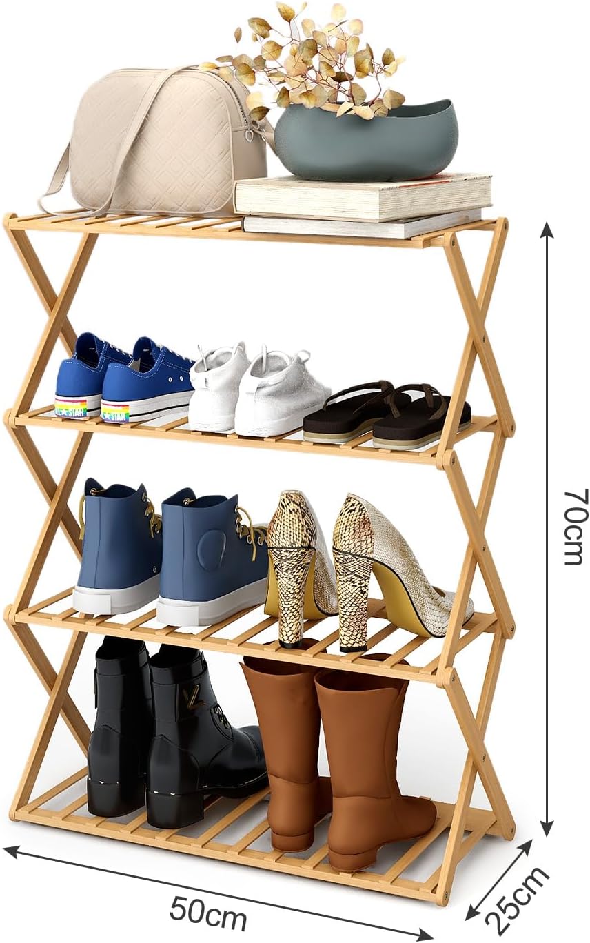 Trintion Schuhregal, 50×70cm Faltbares Schuhregal Aus Bambus Mit 4 Ebenen, 12 Paar Schuhe Schmal, Ho