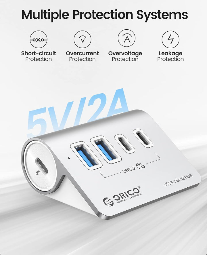 ORICO USB Hub, USB 3.2 Gen 1 Verteiler mit 2 USB-A Port und 2 USB-C Port, Aliuminum USB Splitter mit