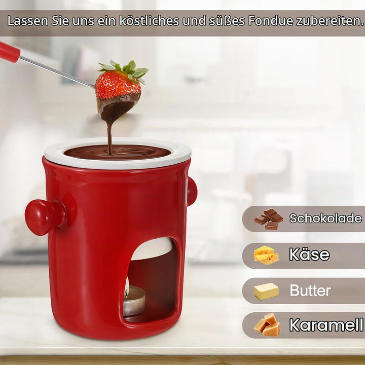 SUMNACON Keramike Schokofondue-Topf-Set mit 2 Gabeln, Schoko Fondueset,Käsefondue für Schokolade Käs