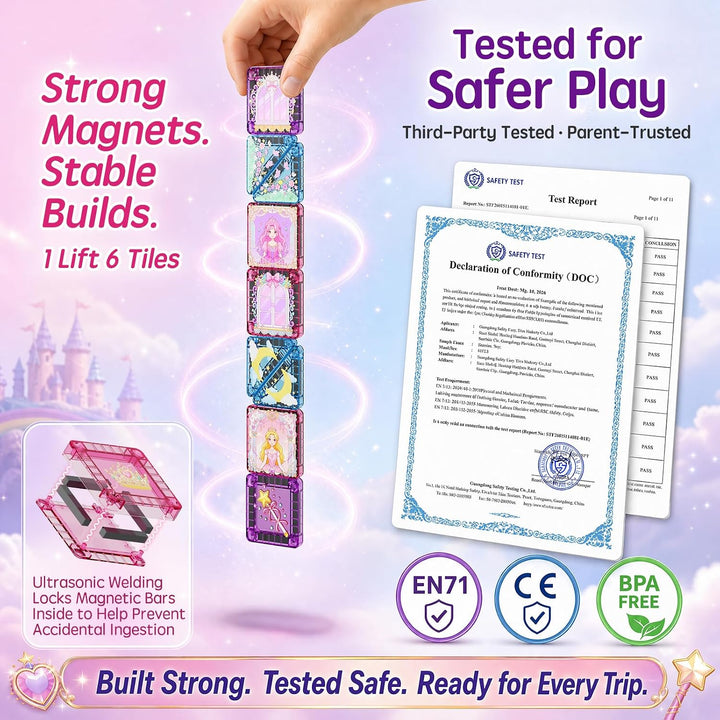 burgkidz Magnetische Bausteine Reisespielzeug für Mädchen: 42 Teile Prinzessin Einhorn Magnetische T
