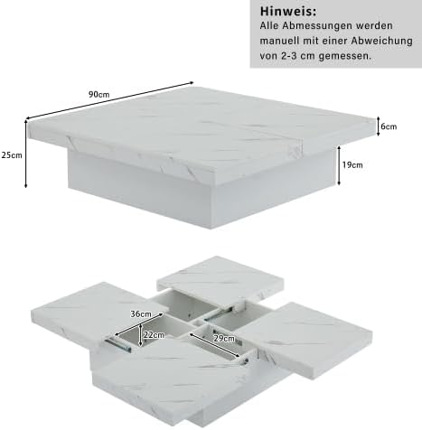 Merax Couchtisch 90x90 cm – Weisser Sofatisch mit eleganter Marmor-Optik und 4 Schubladen, Schiebbar