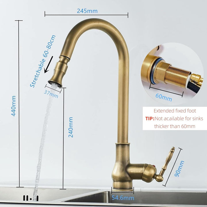KOYOO Küchenarmatur Messing Antik, Wasserhahn Küche Ausziehbar, Einhebel 360°Schwenkbar Spültischarm