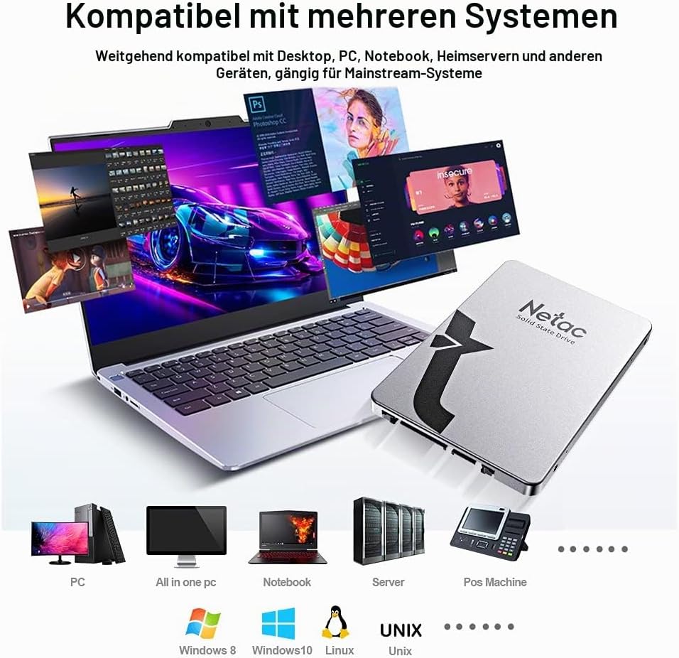 Netac SSD 512GB, SSD Festplatte Intern Sata 3.0 2,5 Zoll für Laptop, PC, Desktop, PS5 (N530S, Alumin