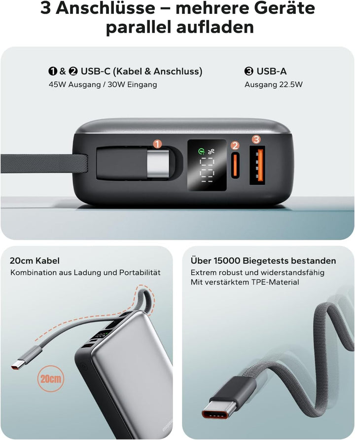 Eazpower Powerbank 20,000mAh 45W Schnellladefunktion mit Integriertem USB-C Kabel, Externe Handyakku