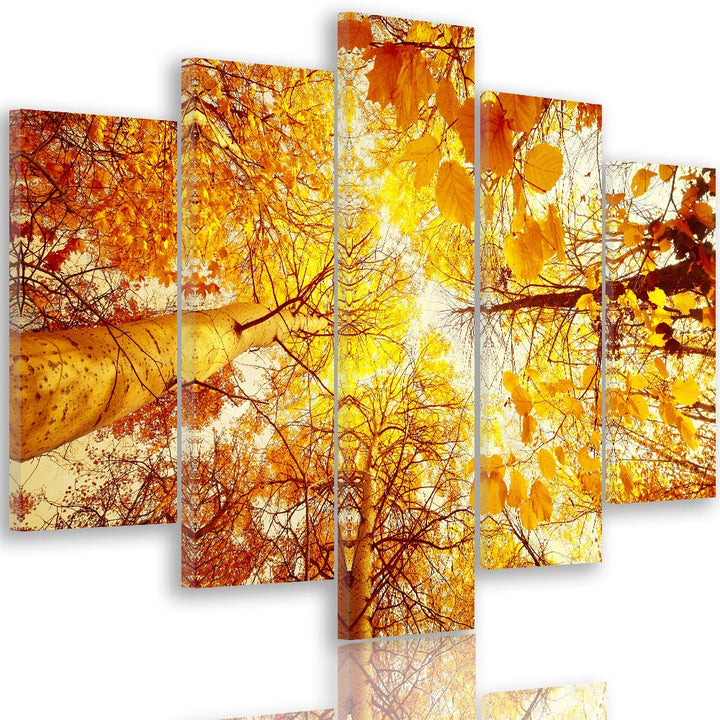 Leinwandbild 5 Teilig Landschaft Bild Wanddeko Herbst Bäume Blätter orange 200x100 cm Leinwandbild 2