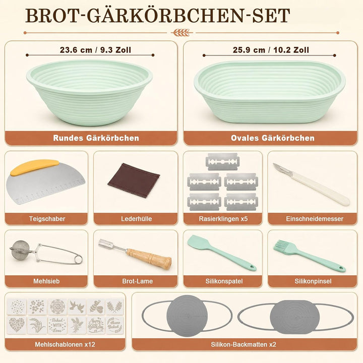 29-teilig Brotback Set mit Gärkörbchen, Sauerteig Zubehör | Faltbare silikon-körbe, teigwerkzeuge, b
