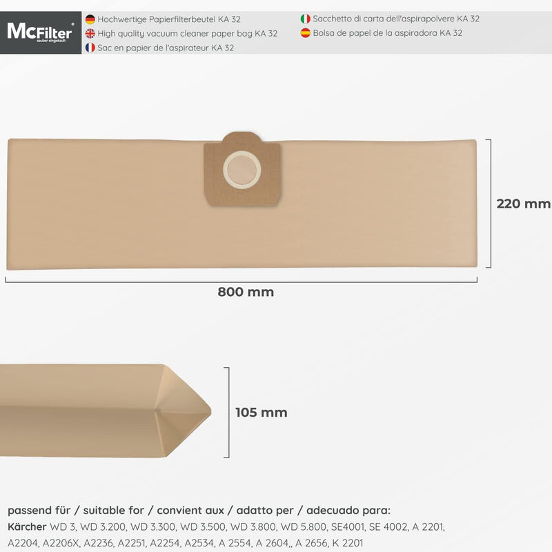 McFilter | 10 Staubsaugerbeutel + 1 Filter geeignet für Kärcher A2604, A2204, A2254, A2200, A2201, A