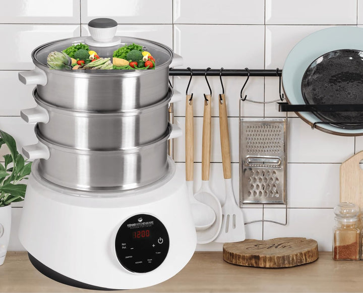 KFS-3000 Dampfgarer, Hot Pot, Fondue mit Touch Display, 3 Dampfkörbe aus Edelstahl, 4 Programme, Tim