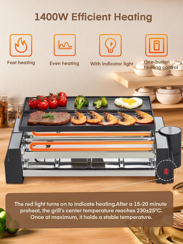 FOHERE Raclette Grill, Drehbarer Raclette 8 Personen mit Antihaftbeschichteter Backplatte und 8 Käse