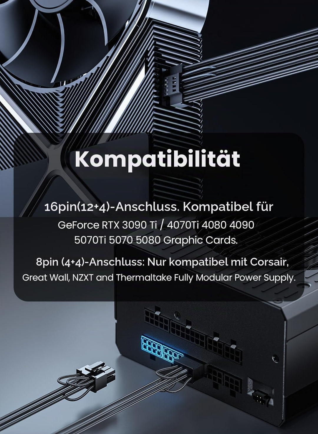 Fasgear PCIe 5.0 GPU Netzkabel 70cm | 16pin (12+4) 12VHPWR Anschluss für RTX 3090 Ti 4080 4090 | 3x8