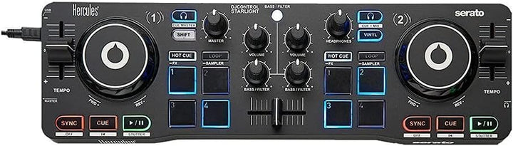 Hercules DJControl Starlight - Tragbarer 2-Deck DJ-USB-Controller mit 8 Pads, Serato DJ Lite Softwar