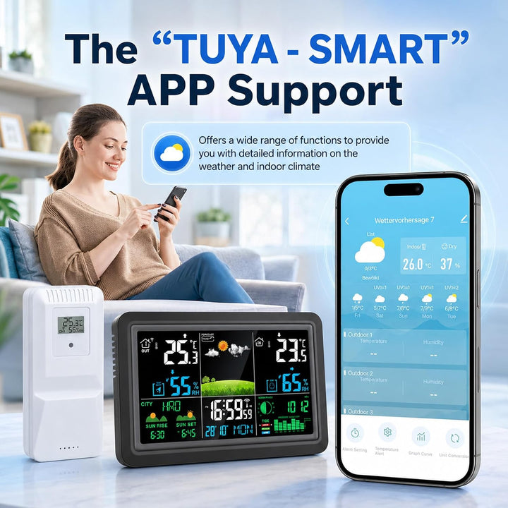 Wetterstation Wlan,Mit Aussensensor & Wettervorhersage,Mit App Tuya Und Smartlife,Batteriebetrieb Un