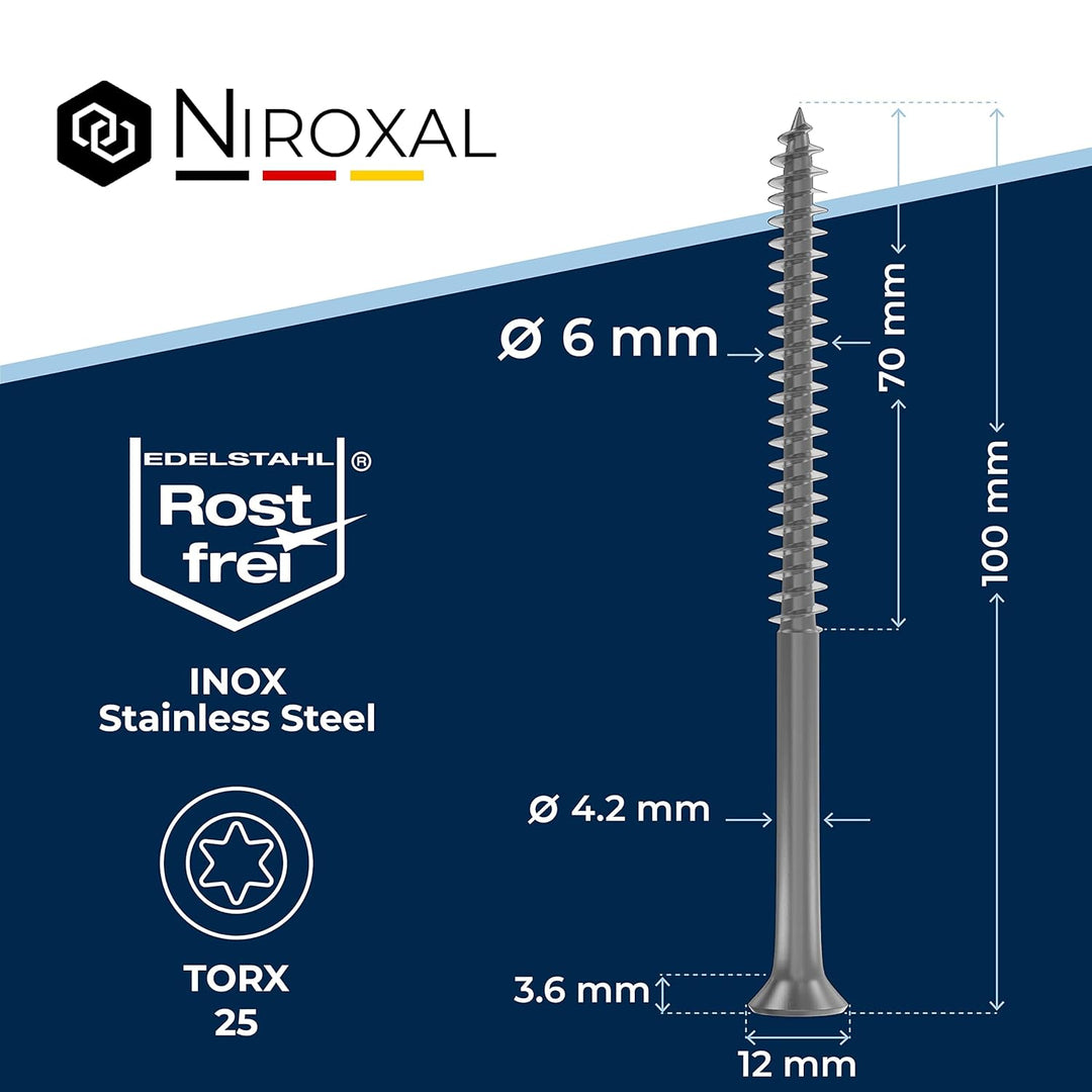 Schrauben Torx Edelstahlschrauben 6x100 Edelstahl V2A rostfrei Spanplattenschrauben für Holz Teilgew