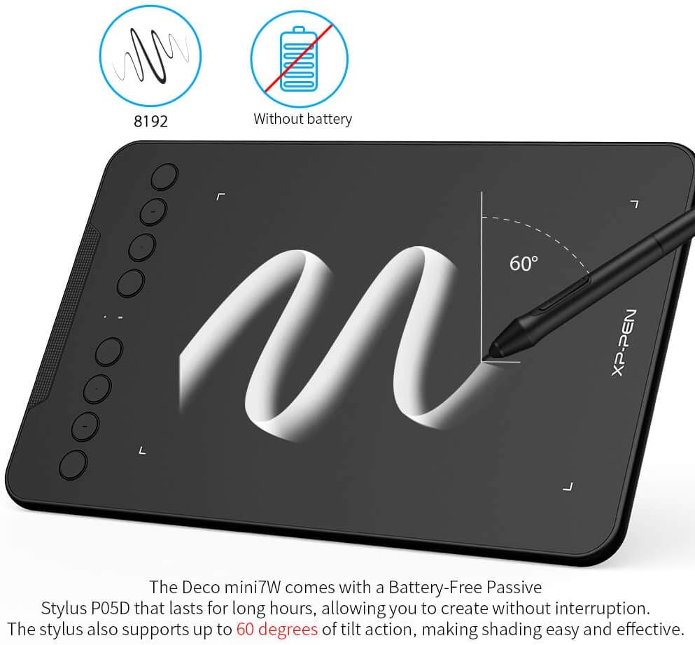 XP-PEN Deco Mini 7W Grafiktablett, 7,03''x4,38'' Pad, 2.4G Wireless Stift Tablett, zum Zeichnen, Des