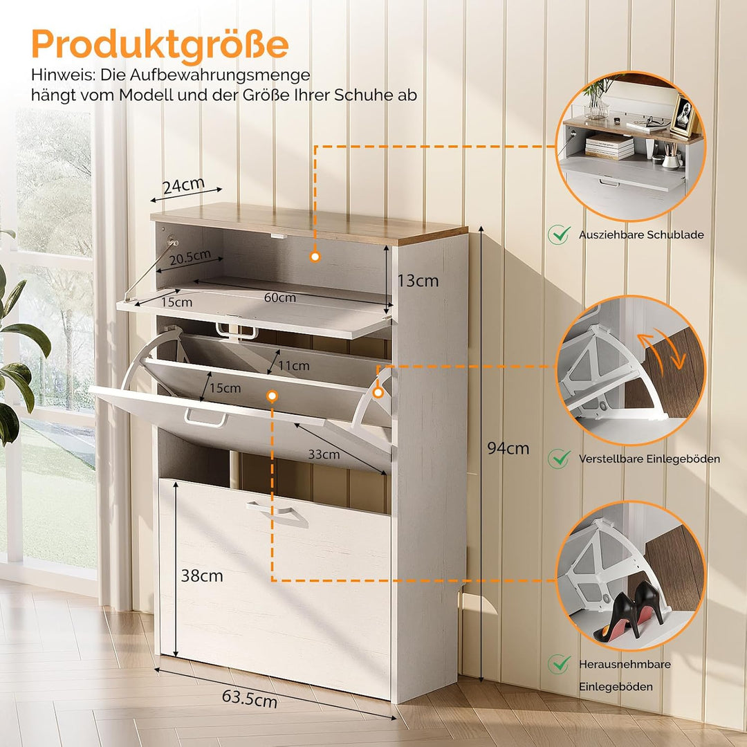 Bonnlo Schuhschrank mit 2 Klappen und 1 Schublade, Schuhregal Schmal, Schuhaufbewahrung, Schuhkipper