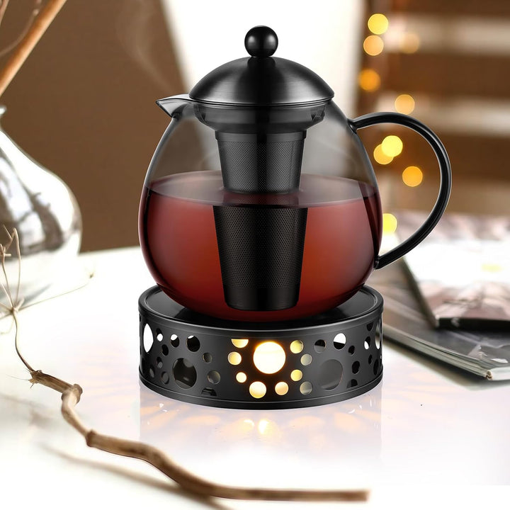 glastal Schwarz Teekanne mit Stövchen 1500ml Teebereiter Glas und Edelstahl Teewärmer Teekanne Suit