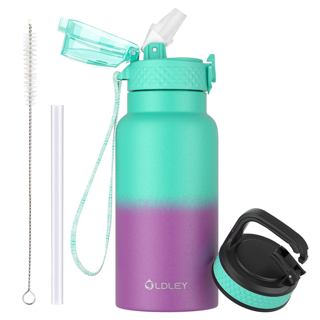 OLDLEY 500ml Kinder Edelstahl Wasserflasche mit Stroh für Schule mit 2 verschiedenen Deckeln, Metall