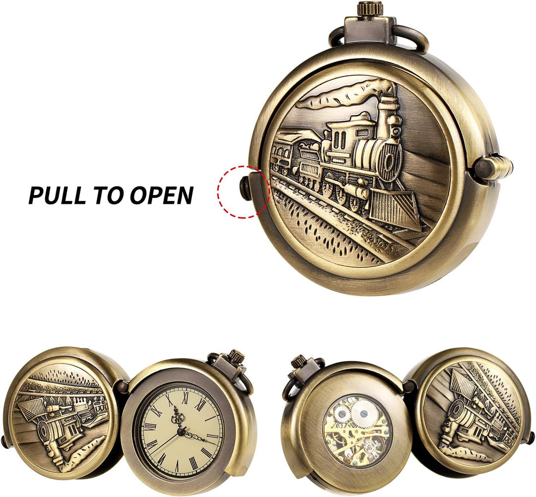 TREEWETO Unisex Taschenuhr mit Kette Analog Handaufzug Pull-Sonderform Gross Hohl Fall Bronze, Zug