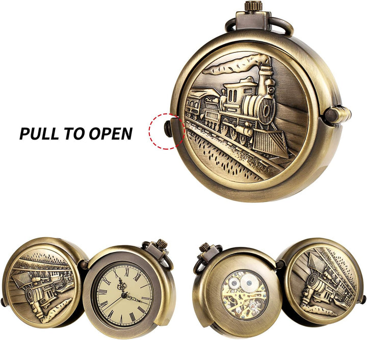 TREEWETO Unisex Taschenuhr mit Kette Analog Handaufzug Pull-Sonderform Gross Hohl Fall Bronze, Zug