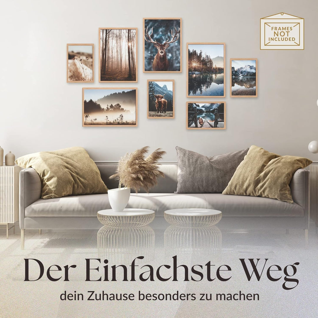 Heimlich® 8er Poster Set OHNE Rahmen | Naturmotive mit Bergen, Wald und Tieren für Wohnzimmer | Wand