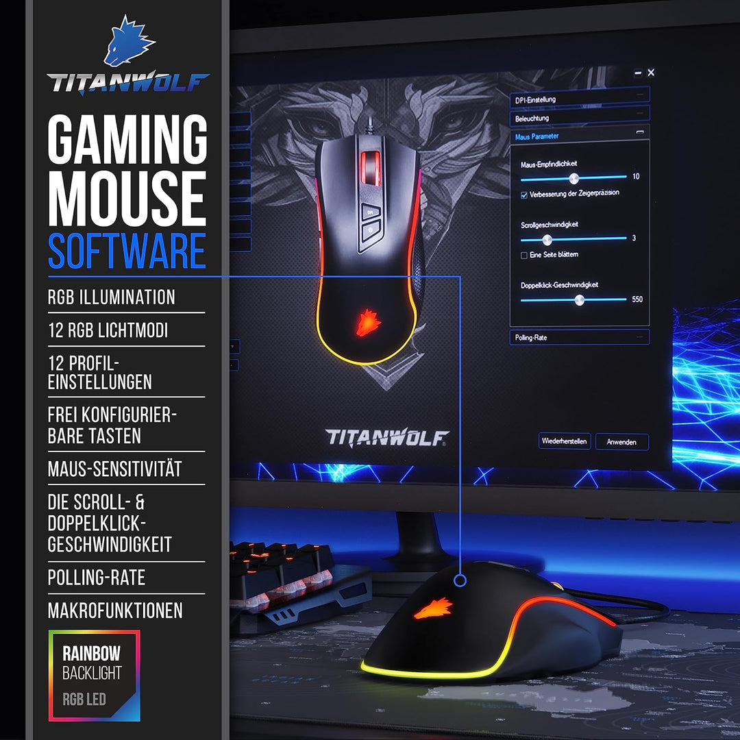 Titanwolf - Kabelgebundene Gaming-Maus mit Optischem Sensor mit 200 bis 12400 DPI, 8 programmierbare
