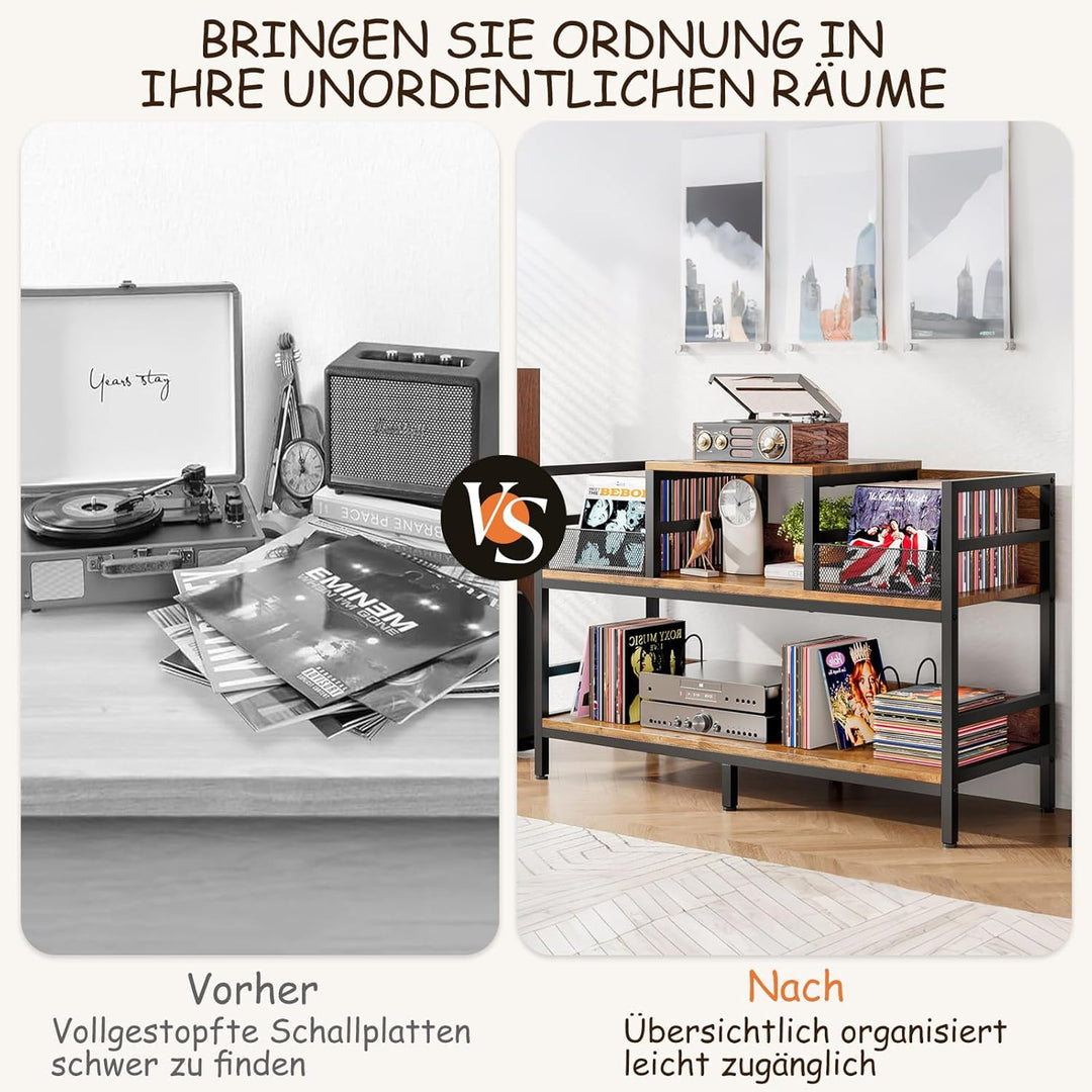 KZOBYD Plattenspielerständer, Schallplatten Regal mit Ablage, 3-Ebenen Plattenspieler Tisch Plattenh