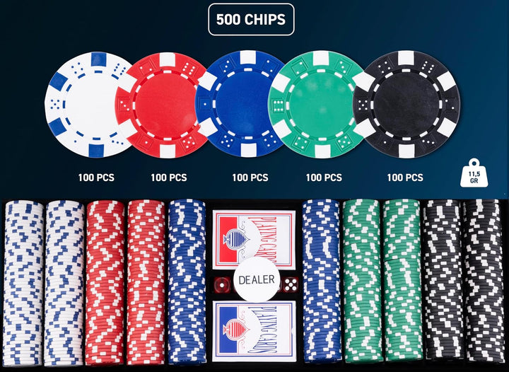 Pokerkoffer 500 Chips 11,5 g ohne Wertung – Grosses Poker Set mit Aluminiumkoffer, 2 Kartenspielen,