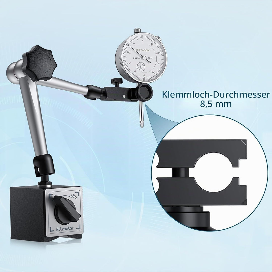 Mechanische Messuhr 0–20 mm Set mit Magnetstativ, Präzisions-Magnetfuss 80 kg, Universal-Messuhrhalt