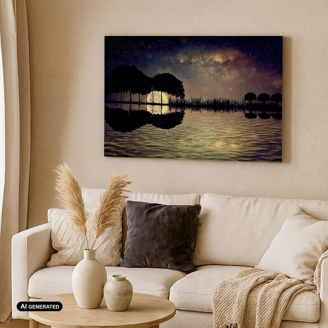 Bilder auf Leinwand 100x70cm Leinwandbild mit Rahmen See Nacht Wasser Gross Wanddeko Bild Schlafzimm