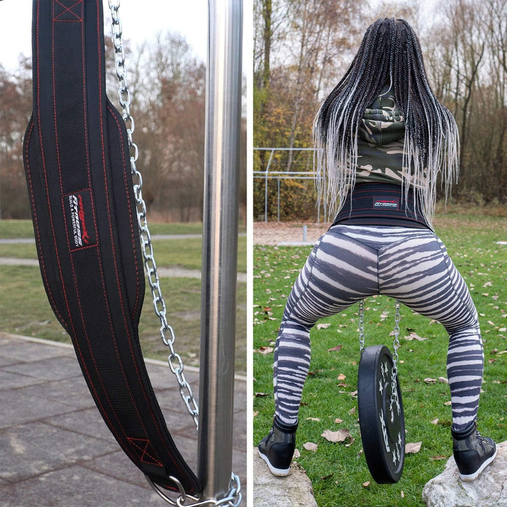 Raigeki Fitness Dip Gürtel mit Kette, 106cm Stahlkette, (+ Trainingspläne) - Gewichte Gürtel für Kra