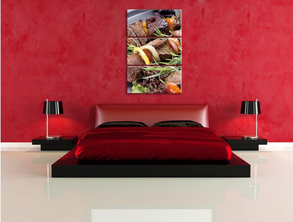 Pixxprint Schaschlik Fleischspiess / 3-Teilig/Gesamtmass 120cm Leinwandbild bespannt auf Holzrahmen/