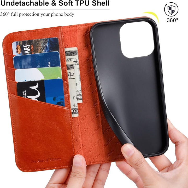 VISOUL Hülle für iPhone 14 Pro Max Handyhülle [Echtleder] [Kartenfach] [Magnet] [Standfunktion], TPU