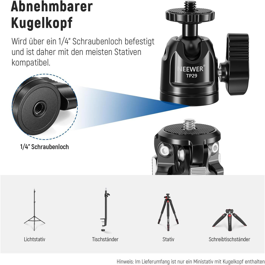 NEEWER Mini Tischstativ aus Metall mit 360° Kugelkopf, unterstützt vertikale Aufnahme und Handgriff,