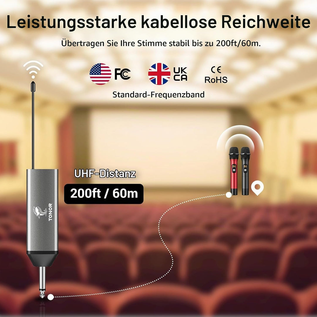 TONOR Drahtloses Mikrofon, UHF Dual Kabelloses Metall Dynamisches Mikro System mit wiederaufladbarem