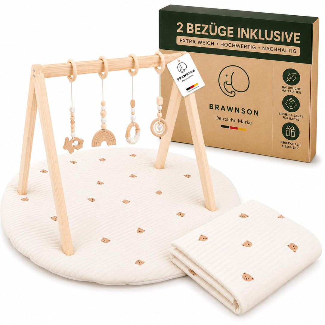 Baby Spielbogen aus Holz mit Spielmatte – 2 Bezüge inklusive – Montessori Baby Gym – Extra dicke 4 c